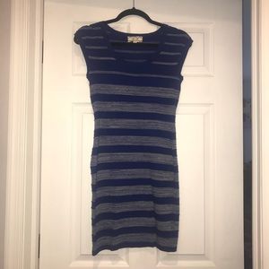 Pink Rose blue and gray striped sweater dress.